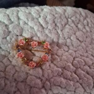 Vintage Avon Floral Heart Brooch with Pink Roses and Gold Accents